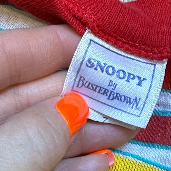 Vintage 80s Snoopy By Buster Brown Red & White Striped T-Shirt Size 7 USA - Picture 5 of 7